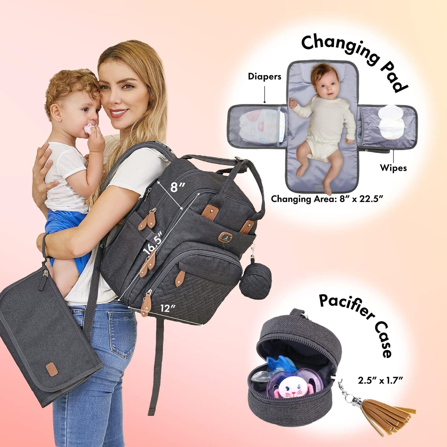 Dikaslon Mochila Cambiador Bebé – Bolsa Multifuncional Gris Oscuro