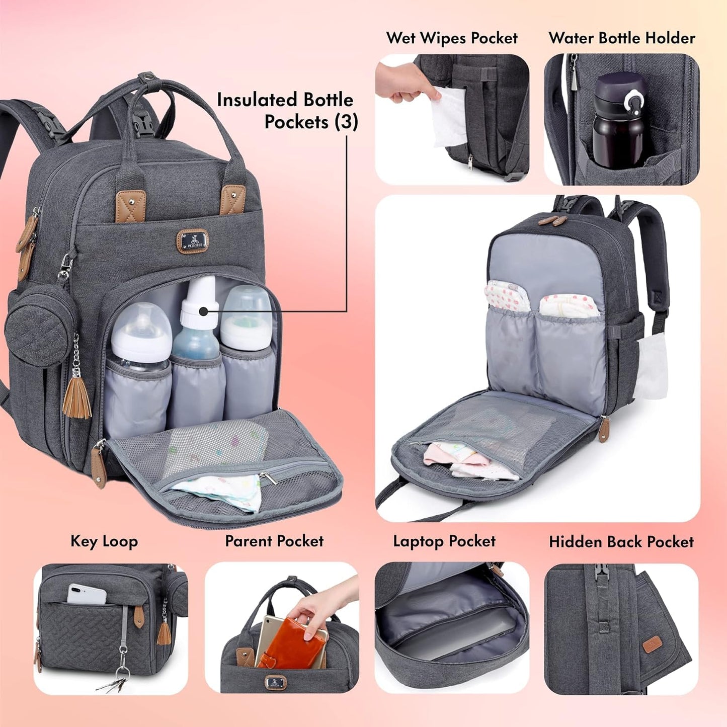 Dikaslon Mochila Cambiador Bebé – Bolsa Multifuncional Gris Oscuro